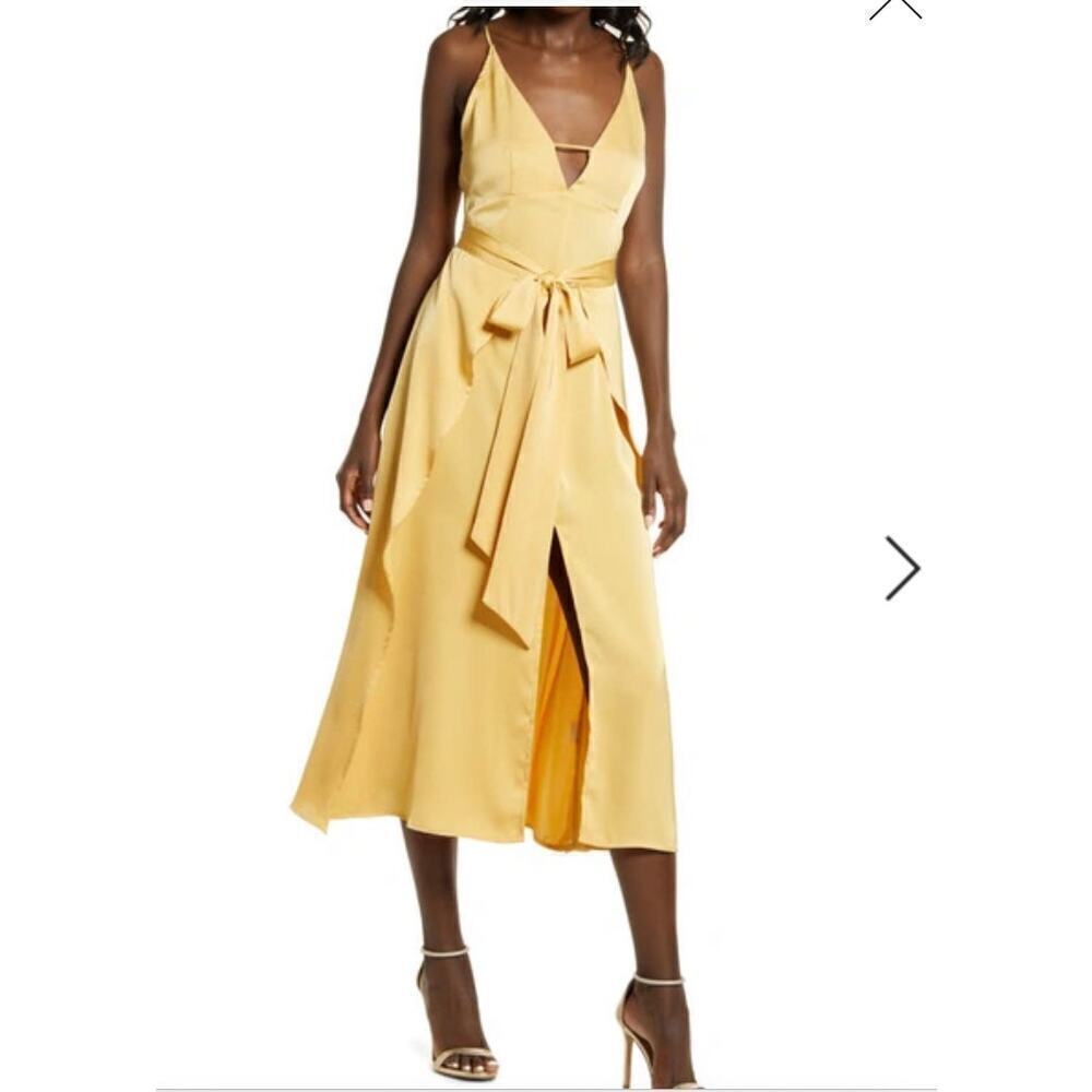 AMY LYNN Backless Satin Dress In Mustard size small